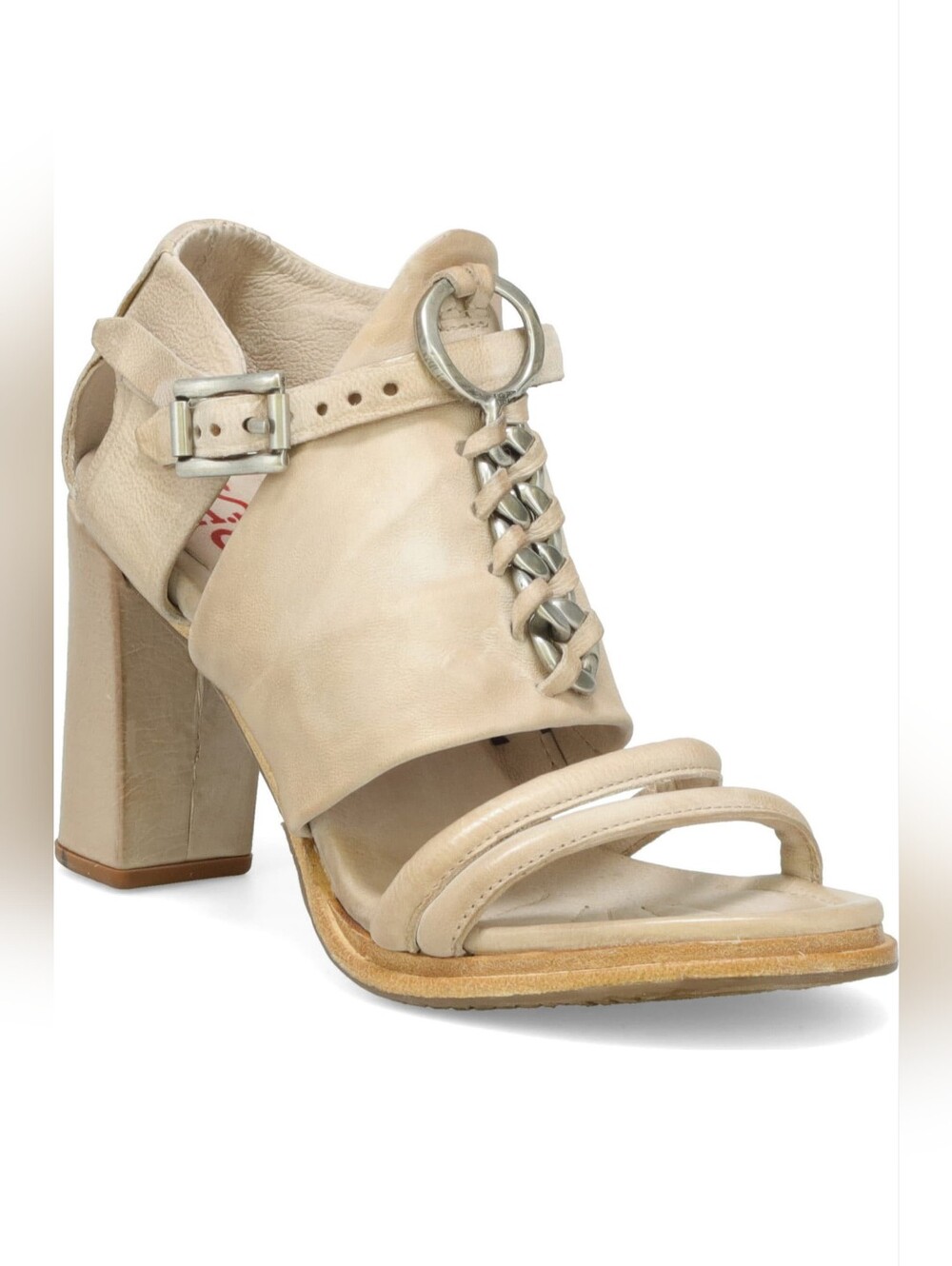 A.S.98 Women’s Genuine Leather Beige Chain Accent Open-Toe Heels